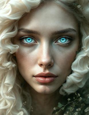The primary subject of the image is a woman with blonde hair and blue eyes. She is looking directly at the camera, and her eyes are a striking shade of blue. The setting is a forest, with a green background and a few flowers scattered around. The visual style is a digital art, creating a surreal and dreamy atmosphere. The colors and mood of the image are serene and enchanting, with the woman's striking blue eyes being the focal point.